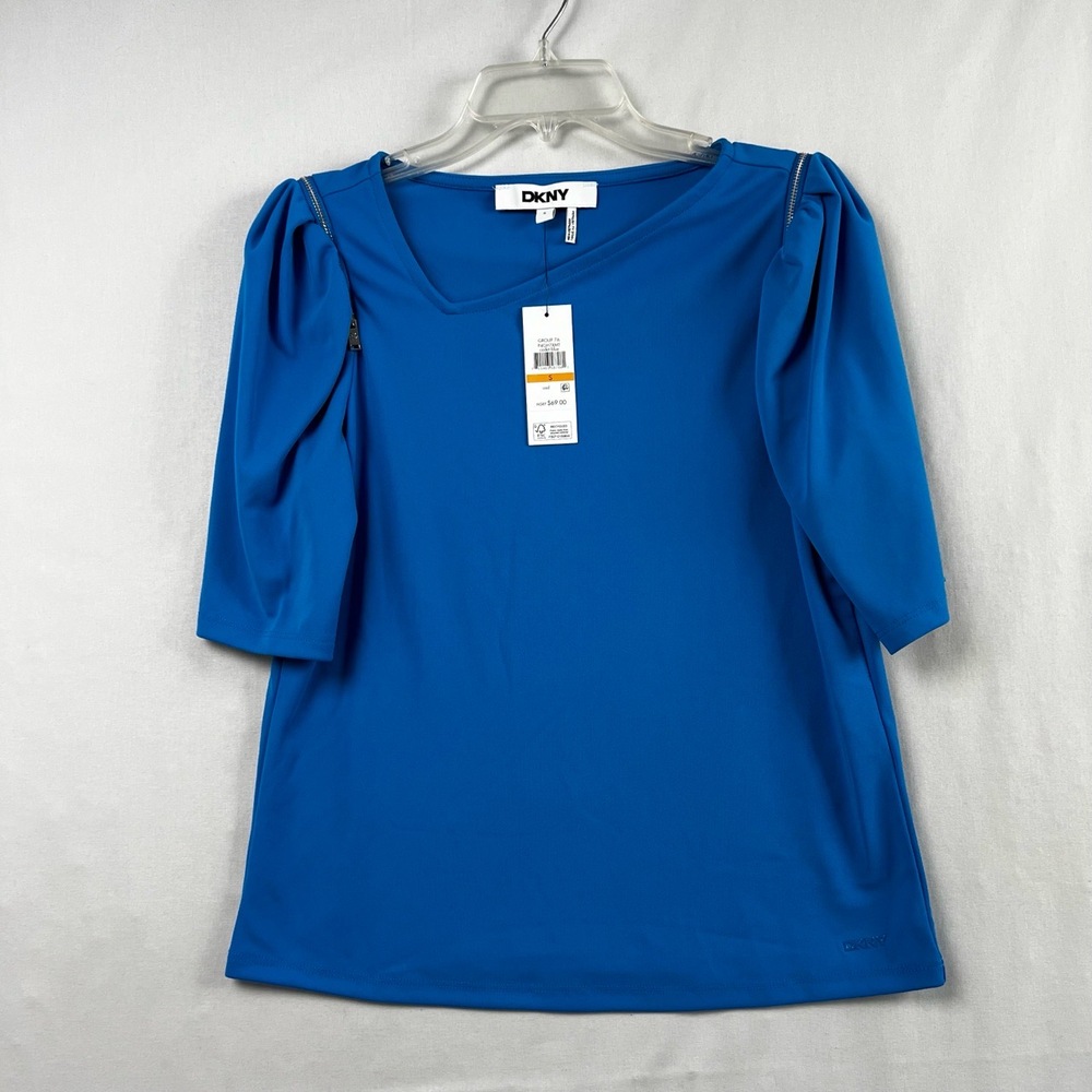 DKNY Top Womens Small Blue Puff Sleeve Zipper Embellishment Stretch Knit NEW